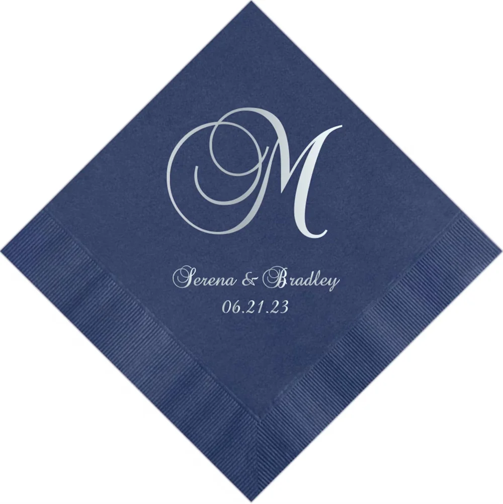 50PCS Personalized Wedding Napkins Cocktail Beverage Luncheon Dinner Guest Towels Monogram Custom Printed Foil Imprinting