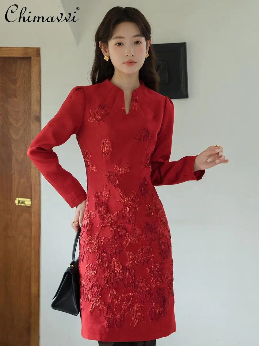 

High-end Rose Jacquard Red Relief Texture Chinese Style Long-sleeved Dress Fashion V-neck Elegant Slim-fitting Short Party Dress