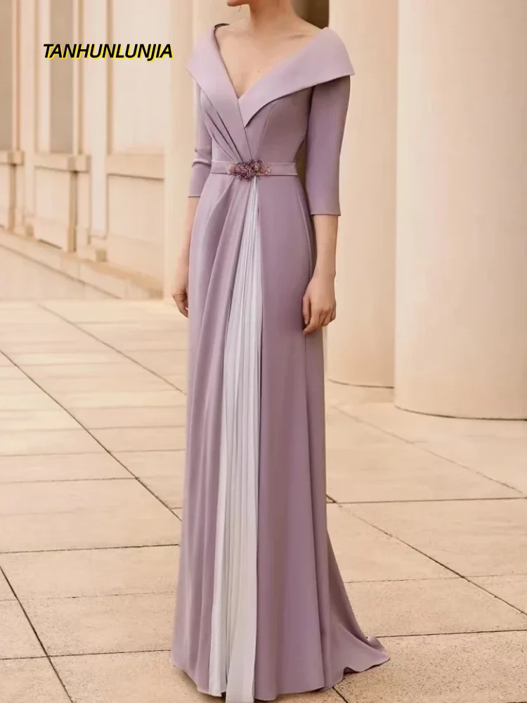 

Vintage Plus Size Flowers 3/4 Sleeve Mother Of The Bride Dresses A-Line Jersey Long Groom Mother Dresses For Weddings