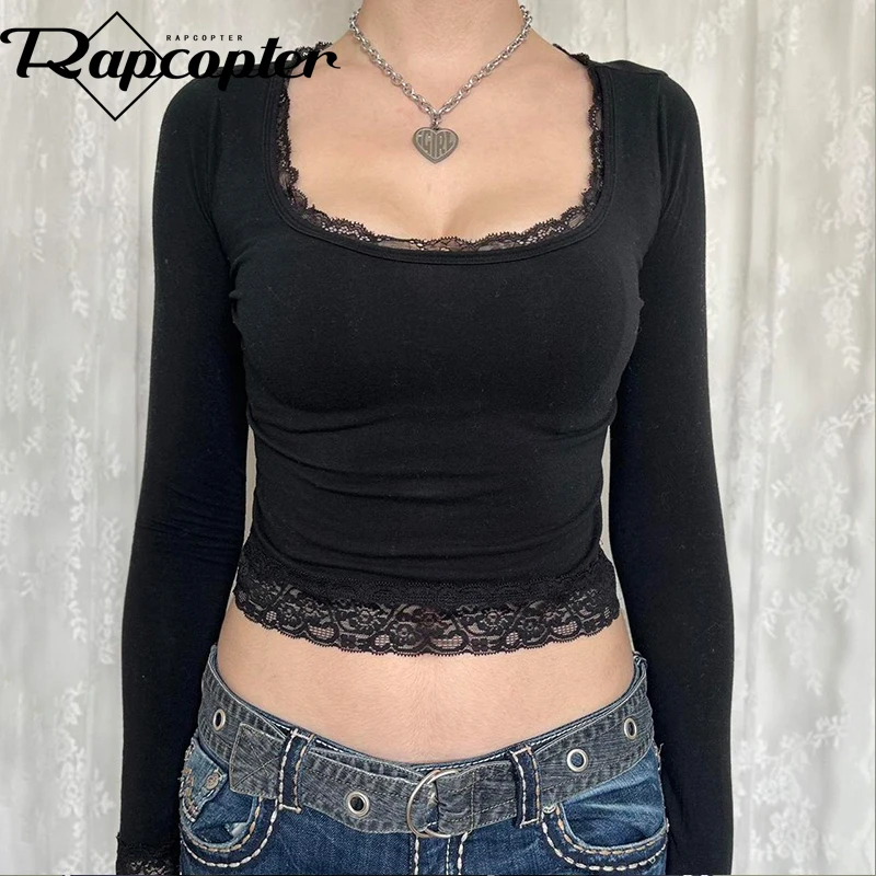 Rapcopter y2k Black Lace Crop Top Full Sleeve Basic Casaul Tee Women Vintage Harajuku Chic Pullovers Autumn Winter Korean Punk