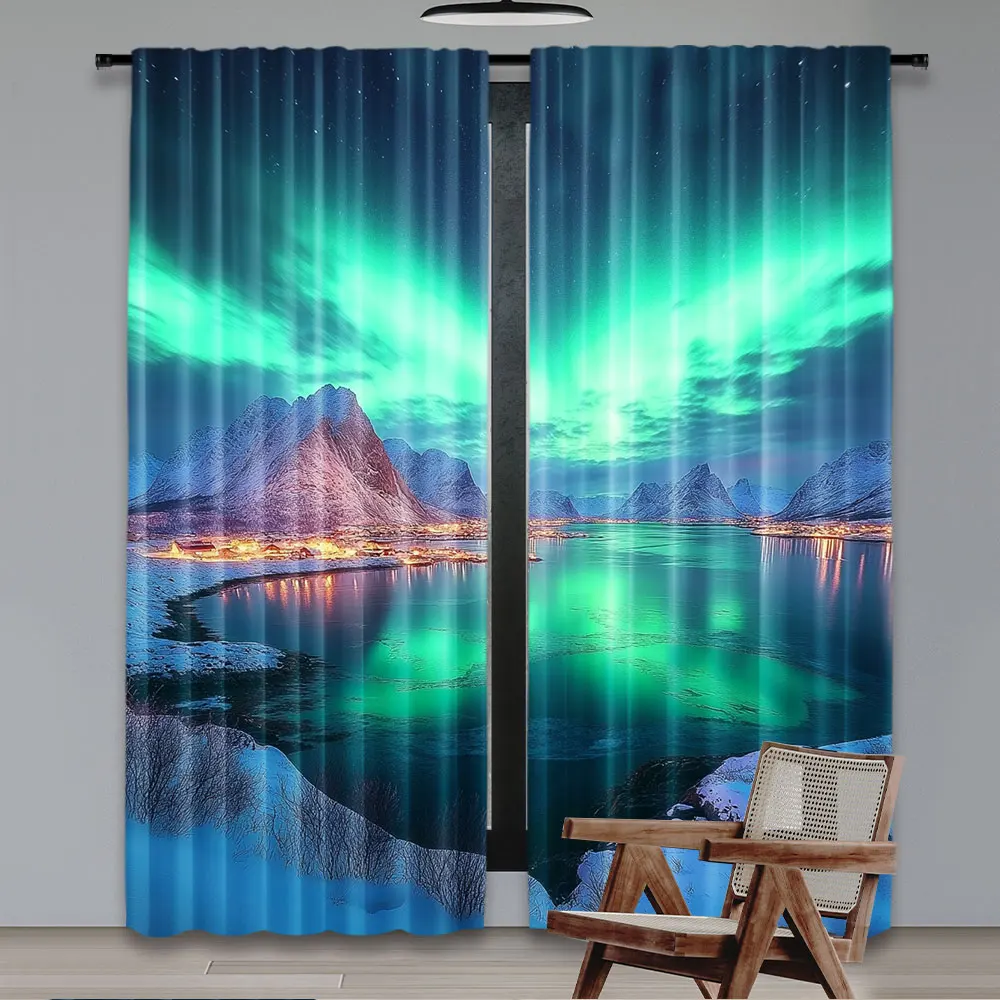 2Pcs Aurora Night Sky Curtain Snow Capped Mountains Lake Scenery Starry Sky With Polar Lights Norway Winter Landscape Home Decor