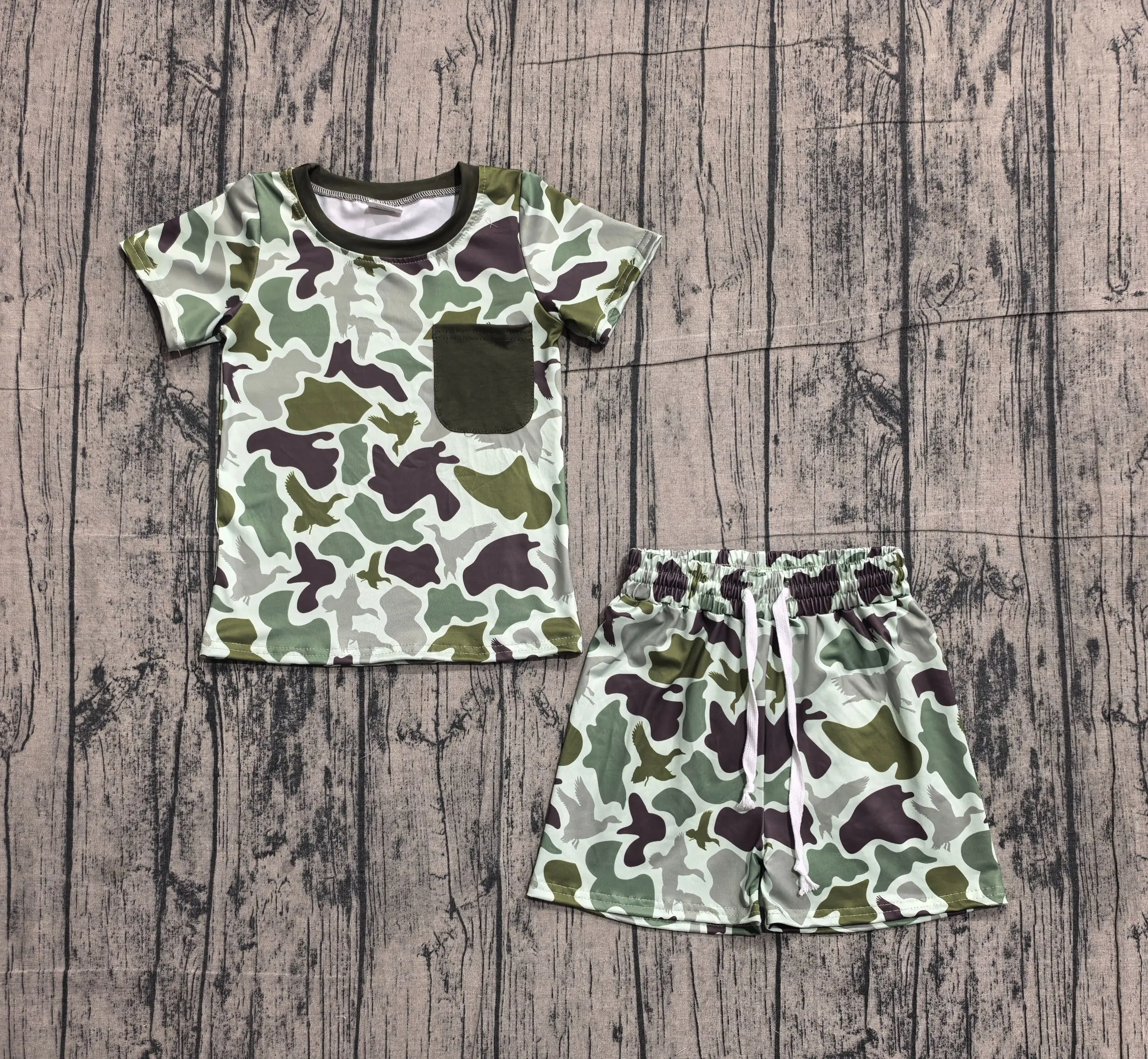 Wholesale Children Short Sleeves Shirt Toddler Pockets Green Camo Ducks Shorts Kids Boys Outfit Baby Boy Summer Set Clothes