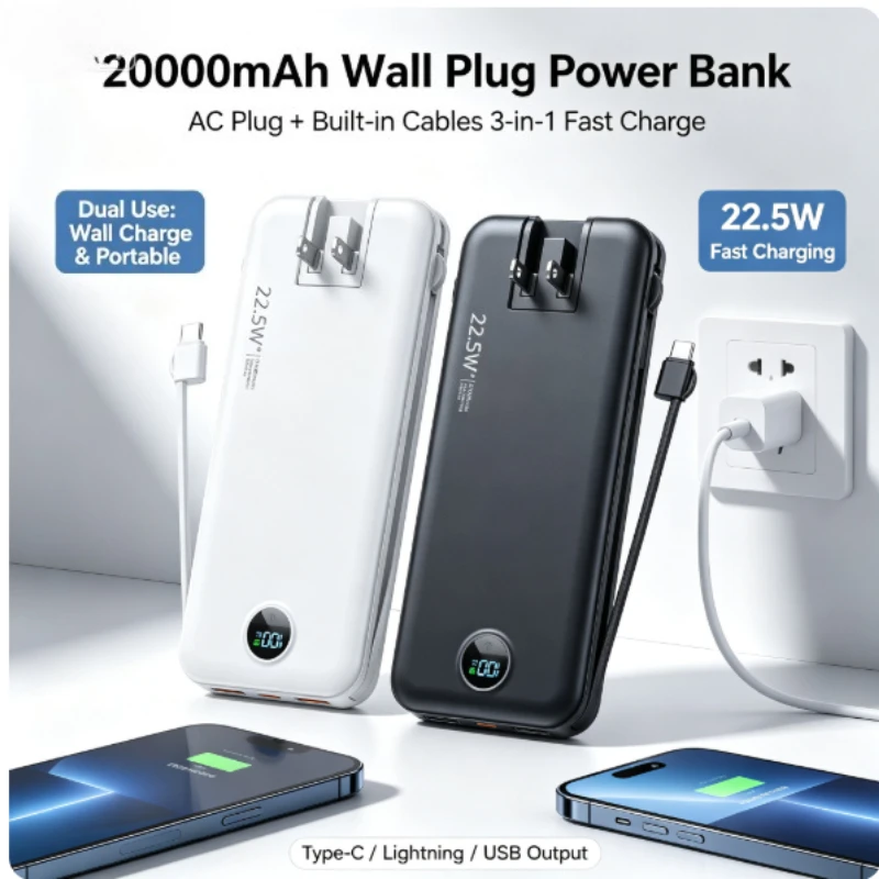 Ultra-Thin 20000mAh AC Wall Charger Power Bank with Built-in Cables, USB-C Fast Charging Digital Display for IPhone Xiaomi