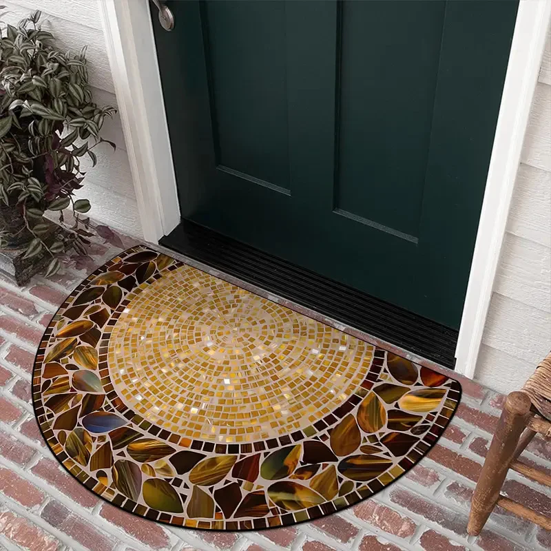 VIKAMA Half Round Mosaic Floral Blue Beige Tile Mediterranean Art Crystal Velvet Door Mat Non Slip Entryway Bedroom Living Room