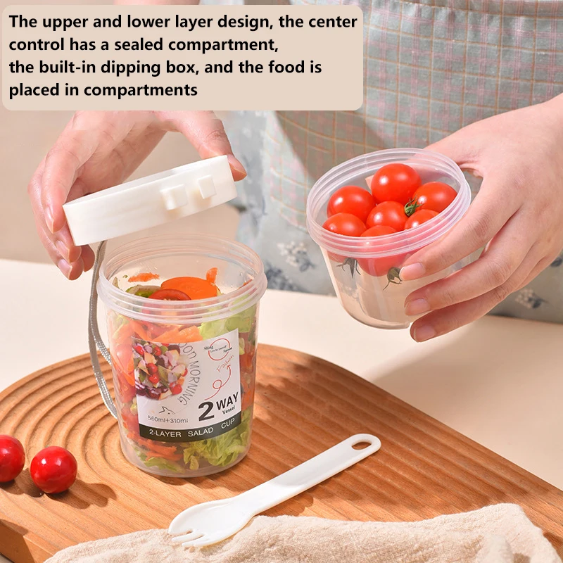 1pc Portable Double-Layer Salad Cup Oatmeal Cereal Nut Yogurt Salad Cup Container Set With Fork School Lunch Food Storage Box