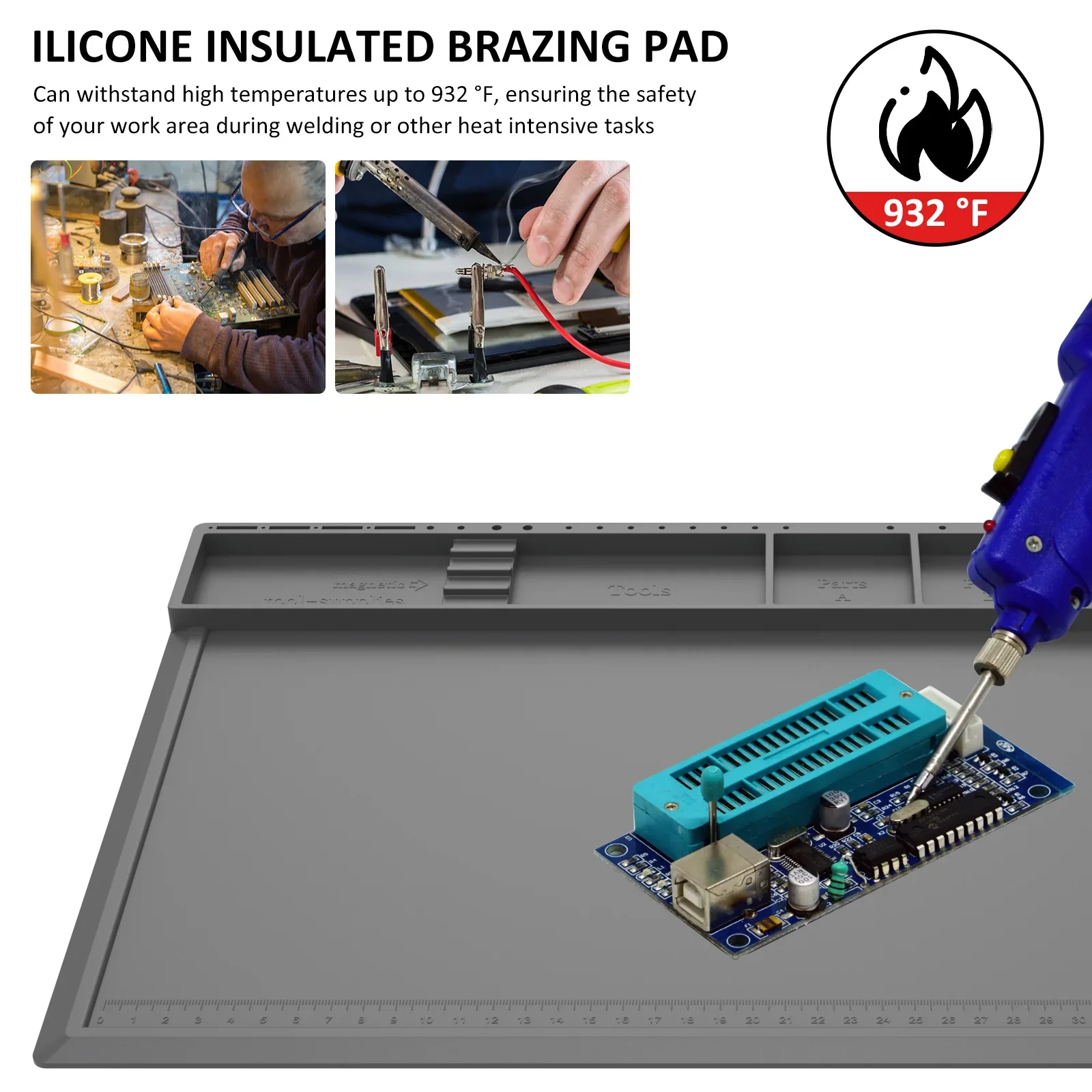 แผ่นซ่อมงานซิลิโคนแผ่นสถานีบัดกรี 932 ° F แผ่นแม่เหล็กทนความร้อนสําหรับซ่อมนาฬิกาแล็ปท็อปโทรศัพท์อิเล็กทรอนิกส์