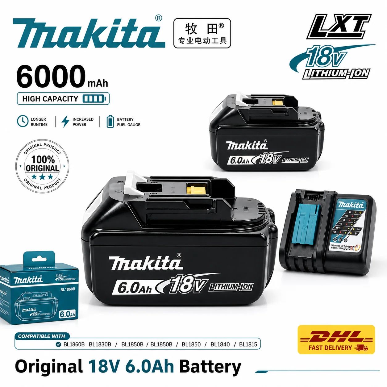 

Genuine 18V 6.0Ah rechargeable lithium battery compatible with Makita BL series batteries