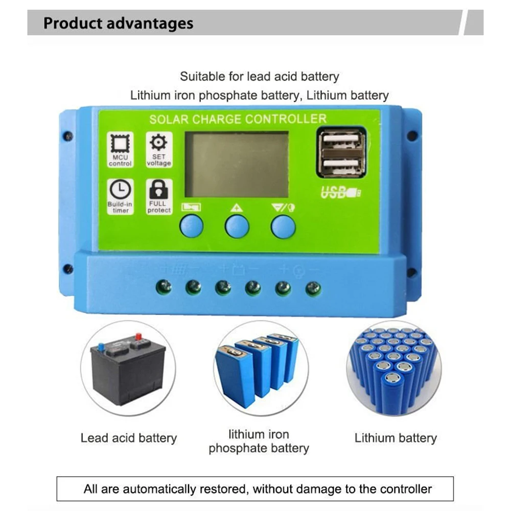 10A/20A/30A Solar Charge Controller Solar Panel Charger Controller 12V/24V Multi-Function LCD Display with Dual USB Port