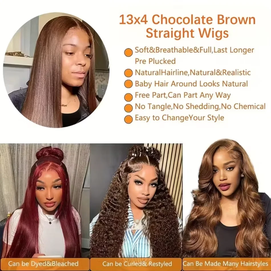 Picture 4: Chocolate Brown Human Hair 13x6 HD Lace Front Wig 200 Density Brazilian Remy Hair 13x4 Lace Bone Straight Pre Plucked Frontal Wig  40 42 Inches