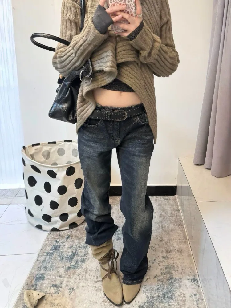 Vintage Y2K High Waist Straight Leg Denim Jeans Women Washed Distressed Stretch Slim Fit Pocket Paris Buckle Casual Streetwear