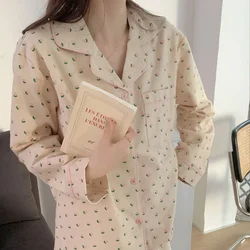 Cotton Sleepwear Korean Pajamas Women Summer Cute Heart Print Pyjamas Long Sleeve Pijama Female Set Negligee Cardigan Suit