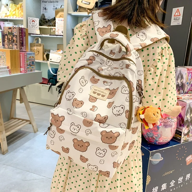 Cute Girls Backpack Waterproof Nylon School Bag 2023 Cartoon Backpack Lovely Rucksack Bear Strawberry Cheese Printed Backpack