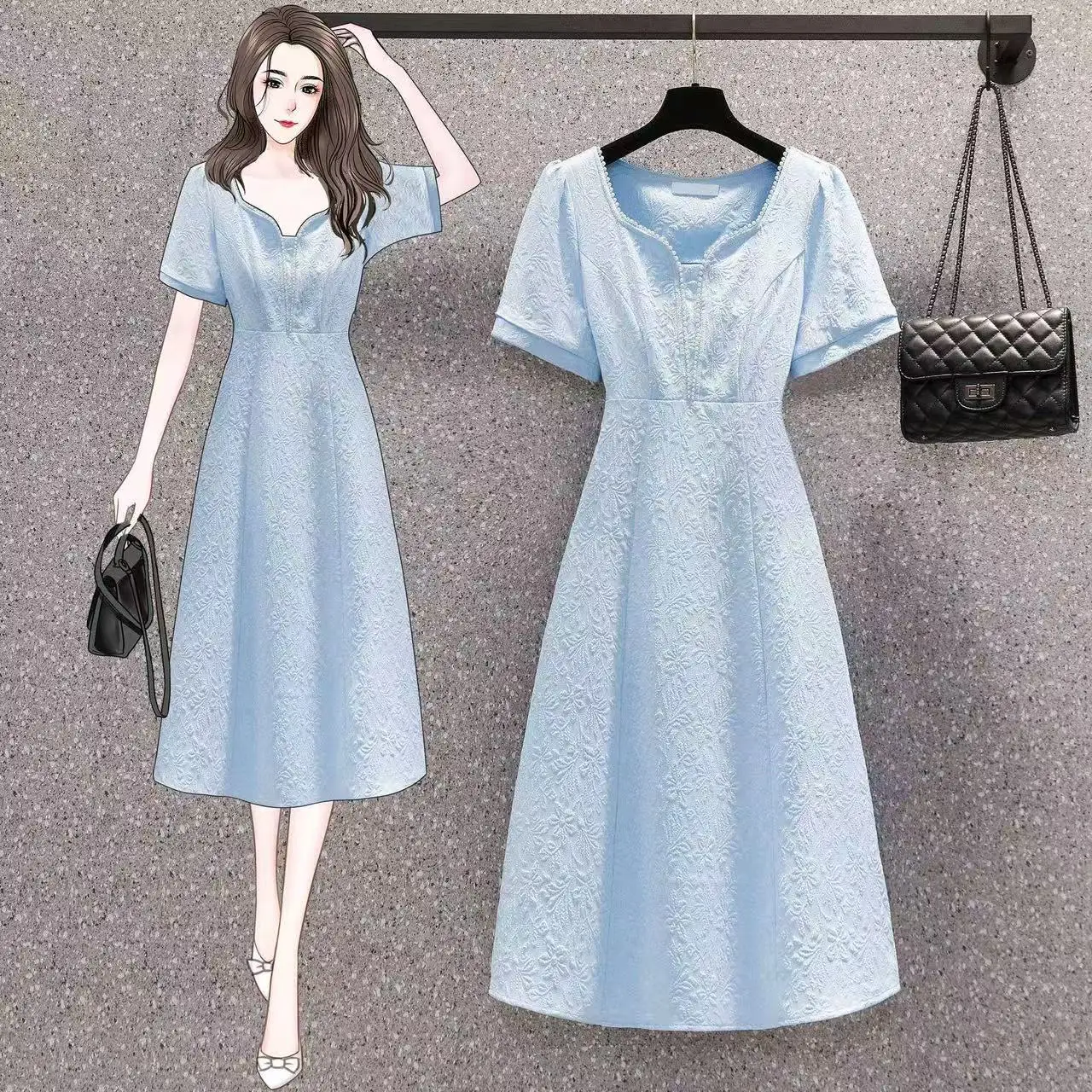 Nowa Sukienka Damska z Żakardowego Szyfonu w Temperamentnym Stylu, Letnia Moda, Kwadratowy Dekolt, Krótki Rękaw, Dopasowana Sukienka Midi, Słodka Sukienka Biurowa