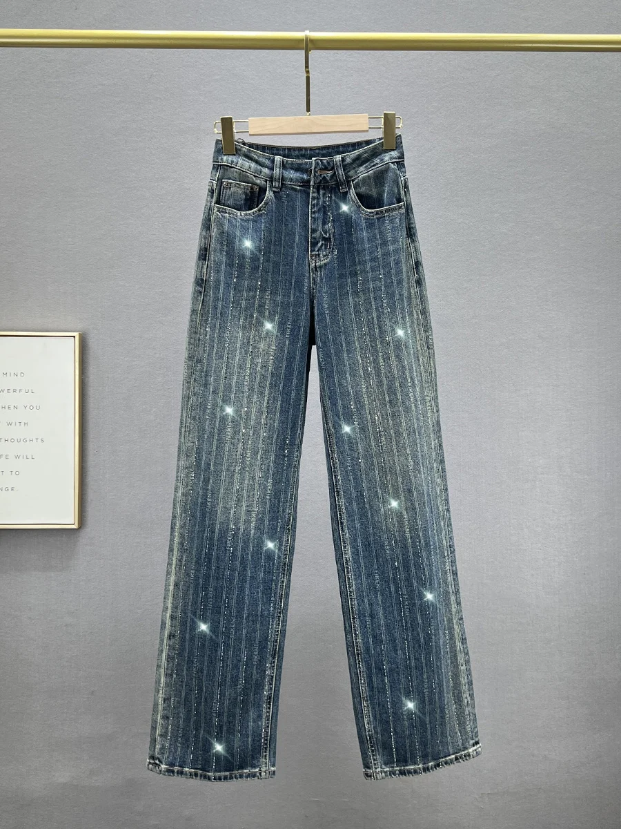 

Heavy Du Rhinestone Denim High Waist Straight Leg Jeans Women's Loose Slimming Floor Length Trousers Autumn New Arrival