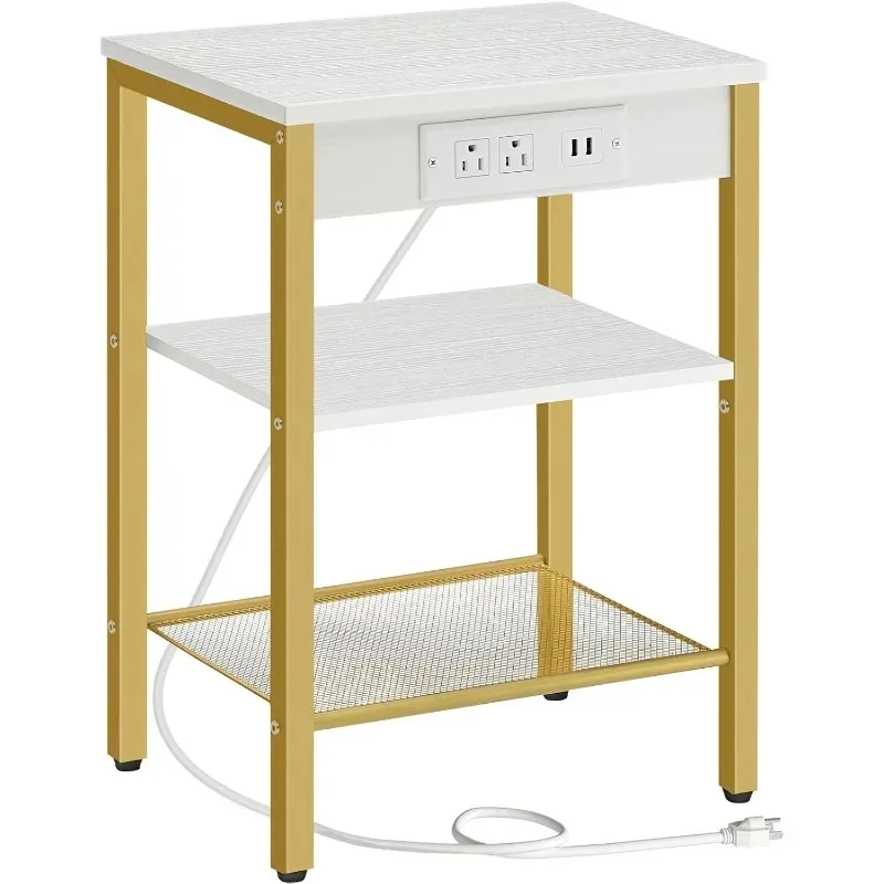 Indoor High Quality simple 3-Tier Nightstand w/ Adjustable Shelves, Charging Station & USB Ports Side Table for Small Space