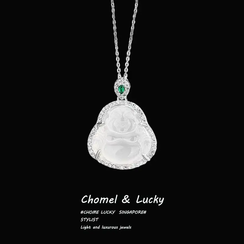 

Ожерелья с Буддой Майтрейи, ожерелье из стерлингового серебра 999 пробы с подвеской из халцедона, женское роскошное ожерелье-амулет на удачу, ювелирное изделие из нефрита