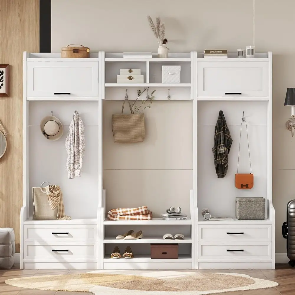 

White Wooden Hall Tree Storage Bench with 4 Drawers and 7 Hooks, Mudroom Organizer