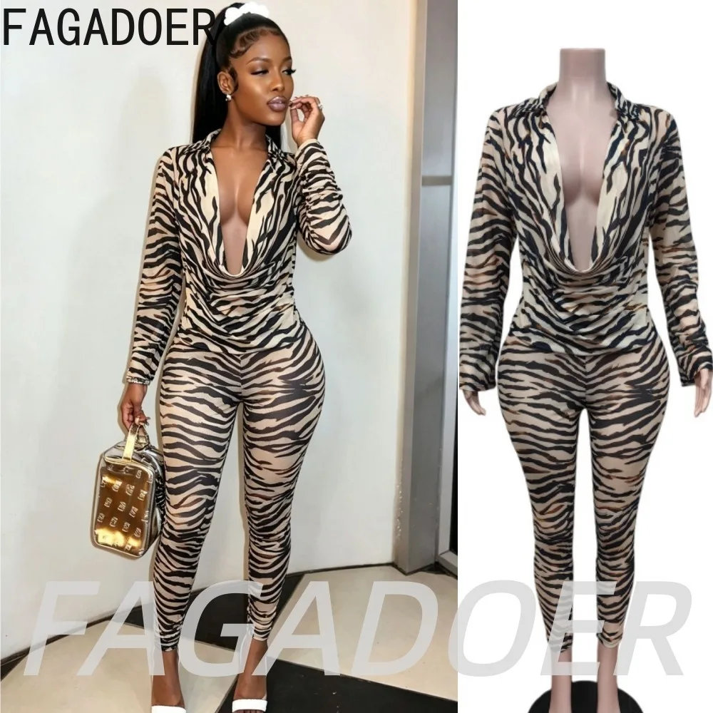 FAGADOER Sexy Mesh Zebra Print Pants Two Piece Outfits Women's Clothing Ruched Deep V Long Sleeves Top +  Bodycon Pants Sets New