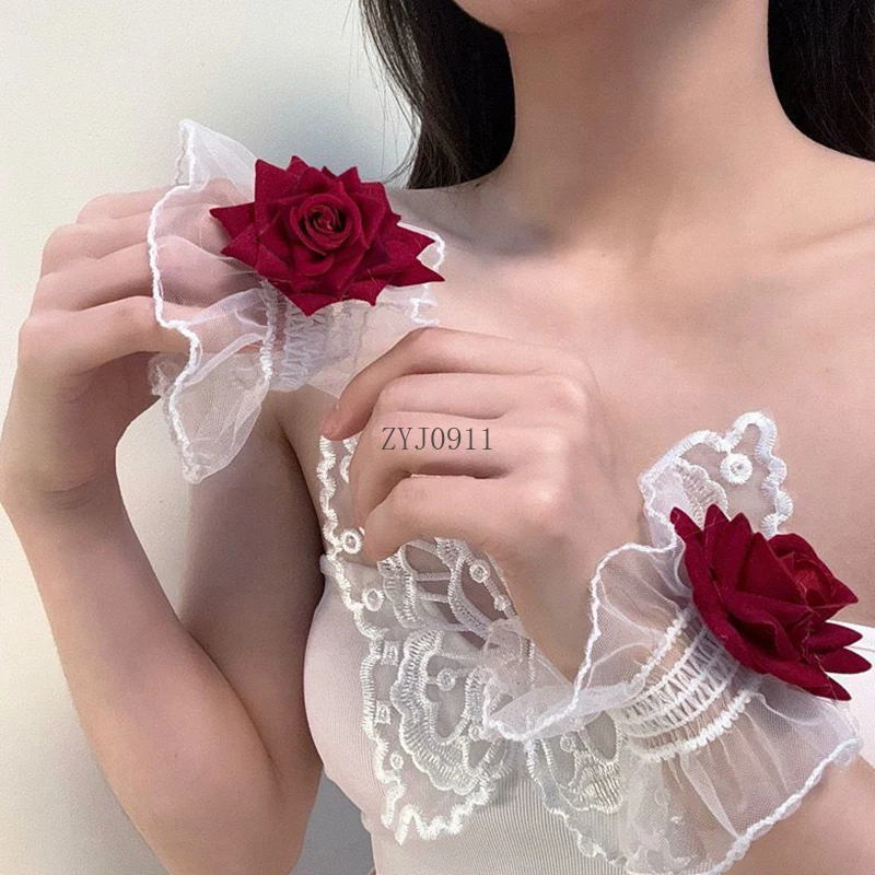 女性のための花のレースのブレスレット,ゴシックリストバンド,バラのブレスレット,花嫁介添人のリストバンド,結婚披露宴,赤,ロリータ