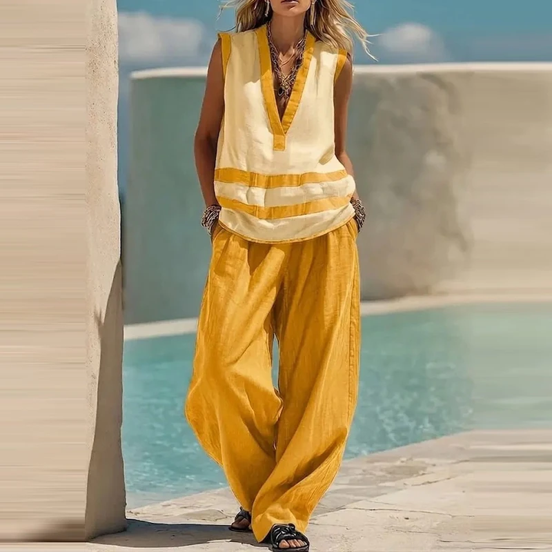 

Casual Sleeveless Women 2 Piece Sets Elegant All-Matching Color Blocked Stripes Suit Fashion V Neck Pullover & Long Pant Outfits