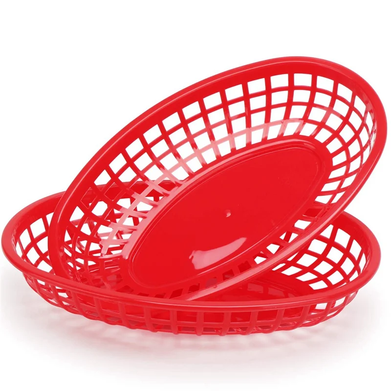 

A23G 24Pcs Plastic Basket Serving Tray French Fries Basket Oval Fast Food Tray Restaurant Bar Fries Food Service Tray Red