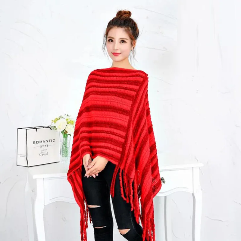 

Knitted Cape Color Matching Spring Autumn Tassel Pullover Shawl Woman Poncho Leisure Fashion Air Conditioning Room Warmth Red