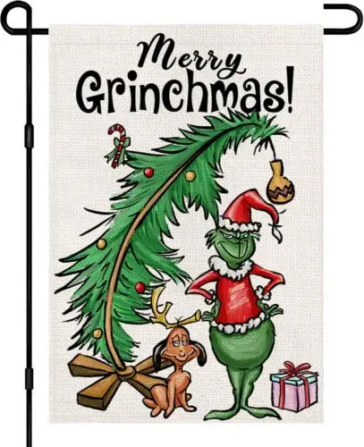 Christmas Decorations, Grinchmas Garden Flags 12X18 Double Sided Burlap, Xmas Tr