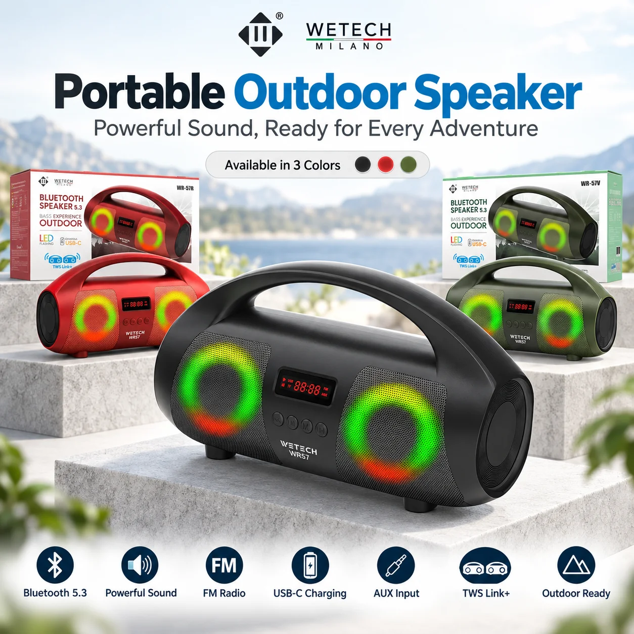 WETECH WR-57: altoparlante Bluetooth portatile per esterni, Bluetooth 5.3, suono potente con radio FM, luce ad anello a LED, ricarica tramite USB-C, ingresso AUX, connessione TWS, disponibile in 3