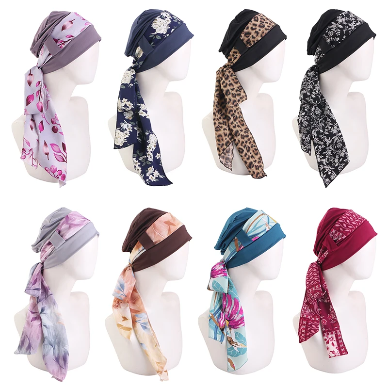 Neuer Muslimischer Hijab für Frauen, Bedruckter Stretch-Turban, Vorgebundene Chemo-Mütze, Bandana, Kopftuch für Krebspatienten und Haarausfall – Detail 7