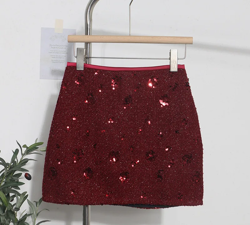 

2025 New Sequined Red Skirt High Waist A Word Hip-wrapped Anti-light Skirt Women