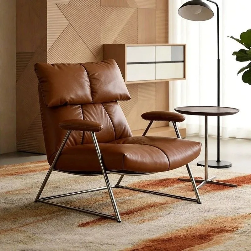 Medieval Bauhaus single sofa, living room bedroom retro light luxury leather stainless steel leisure chair, back chair