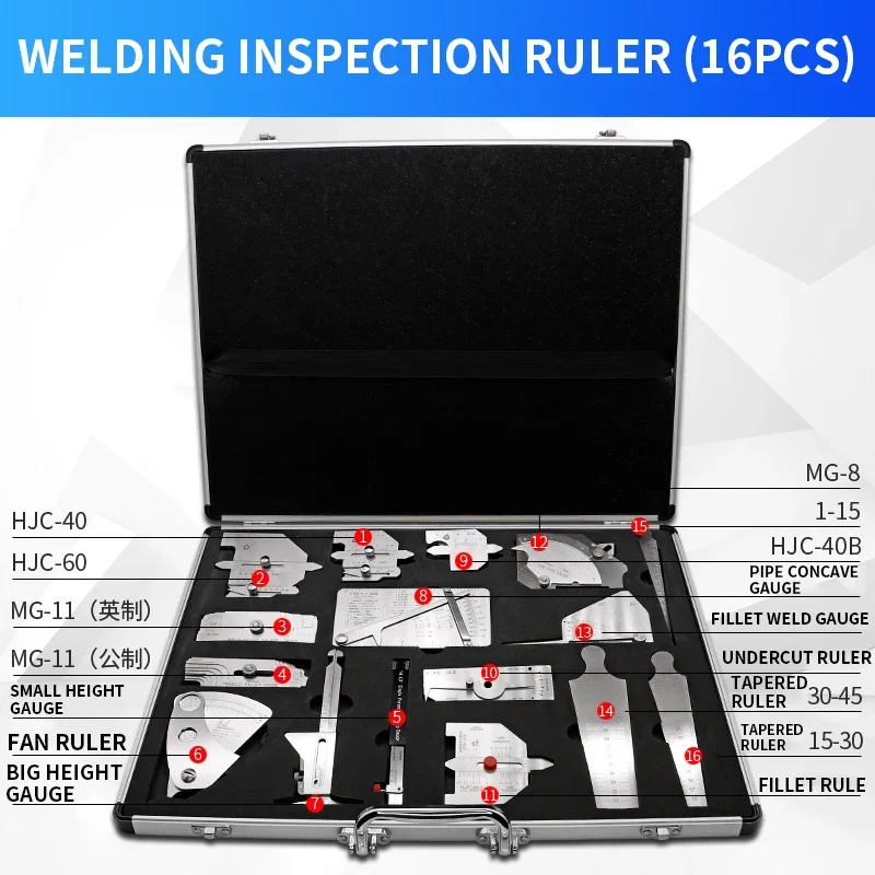 16pcs Welding Gauge Tool Kit With Brief Case Type Taper Gage HI-LO Test Ulnar Pipe Pit Ruler MG-8 Cam Welder Inspection