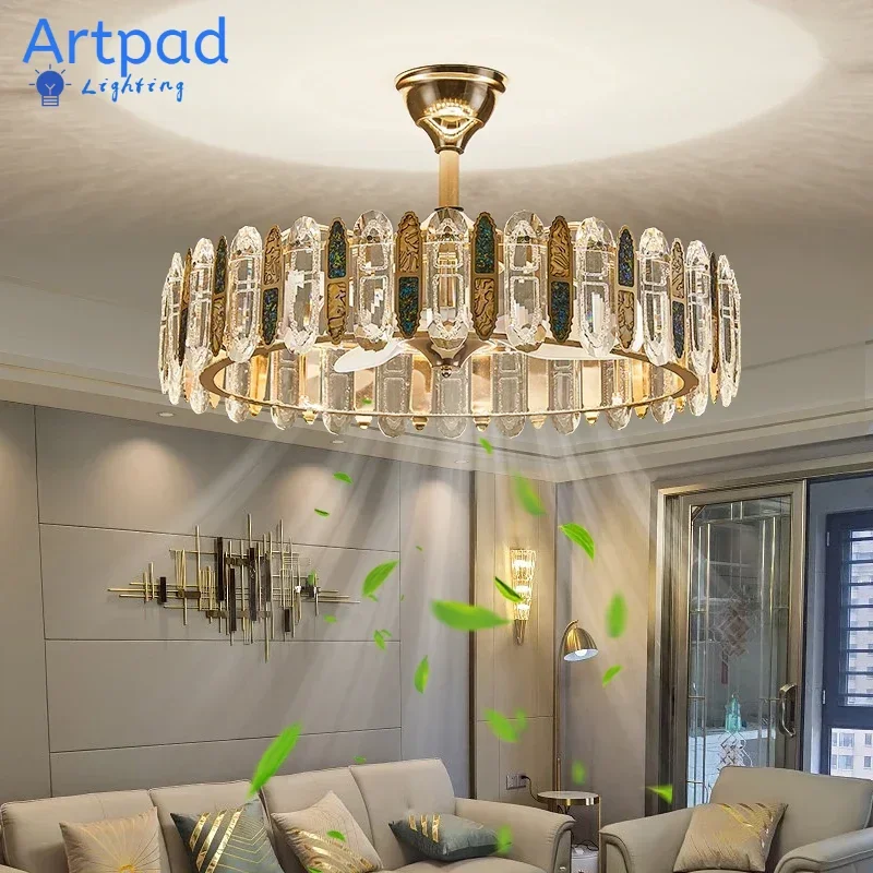 

Crystal Ceiling Fan Light Modern Home Living Room Dining Room Remote Control Light Silent Bedroom Study Integrated Fan Light