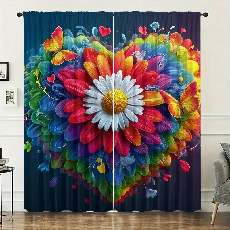 Rainbow flower butterfly heart-shaped curtains, installed using pocket rod method, suitable for bedrooms living rooms, balconies