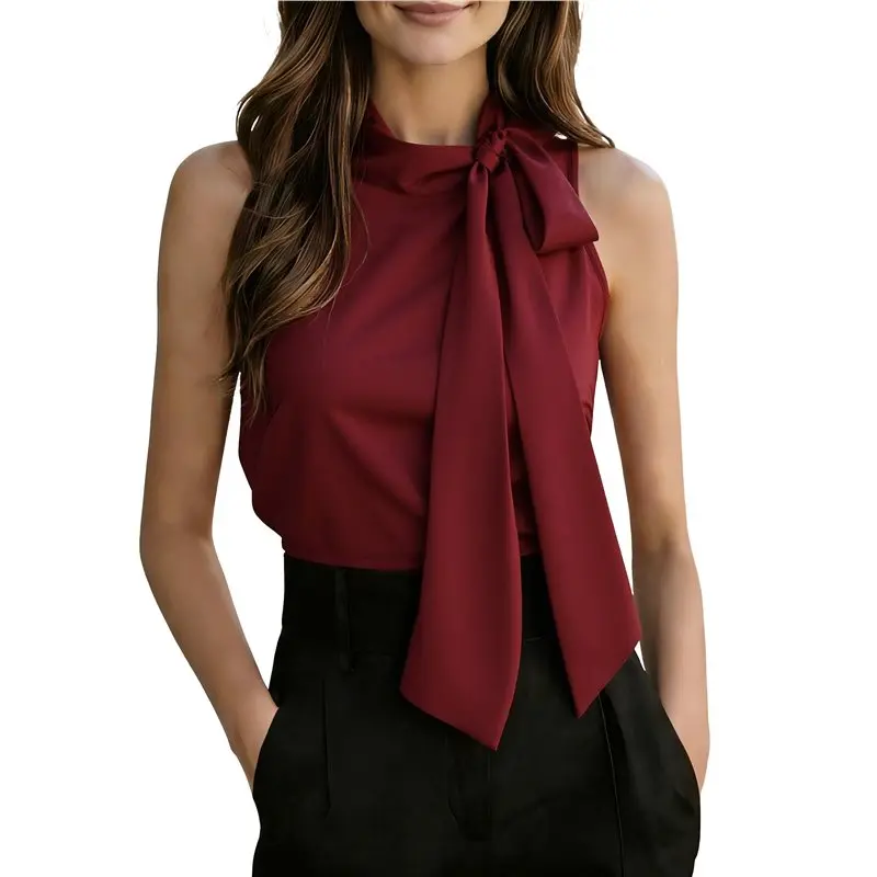 Women's Tie Mock Neck Blouse Sleeveless Casual Tank Shirt Dressy Tops Wine Red M Eco-Friendly