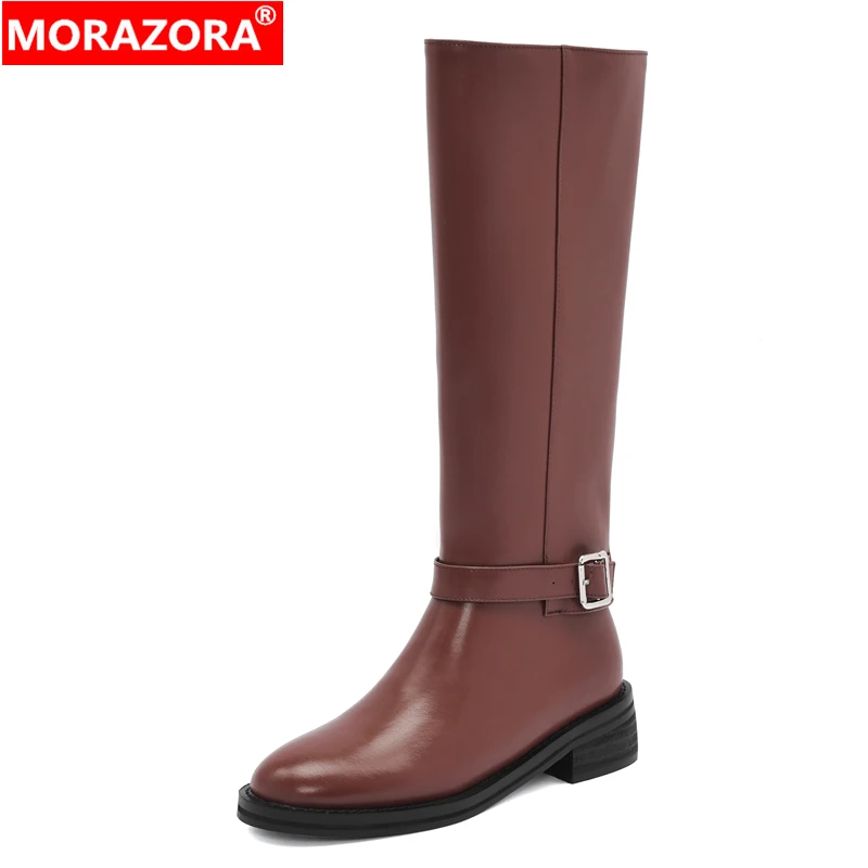 

MORAZORA Plus Size 34-46 New Genuine Leather Boots Women Slip On Knee High Boots Autumn Winter Buckle Women's Knight Boots