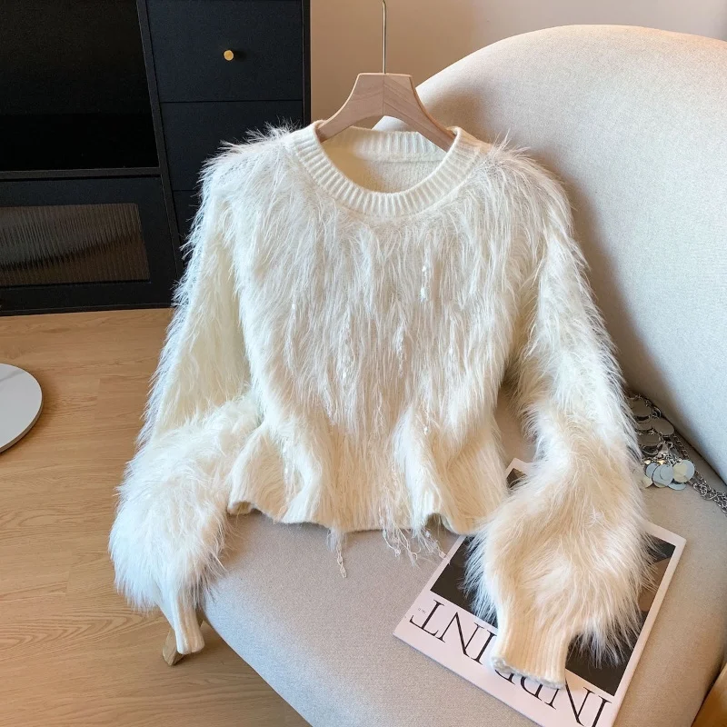 High Quality Soft Mohair Sweater Pullover For Women's Fashion Autumn Winter Long Sleeve Vintage tassel Casual Knitwear Tops