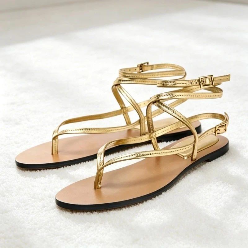 Luxury Gold Cross Strap Designer Flat Sandals Women Sexy Open Toe Non Slip Beach Flip Flops Comfortable Casual Pumps Sandalias