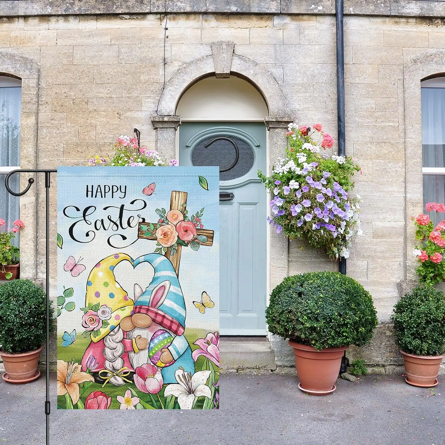 Louise Maelys Happy Easter Welcome Garden Flag Floral Cross Bunny Gnome 12x18 Inch Double Sided Small Burlap Spring Holiday  EEZ