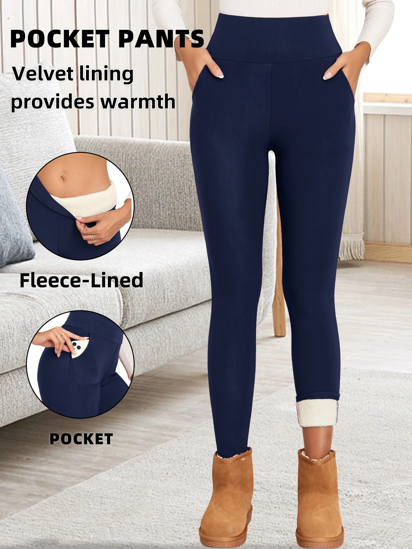 Autumn Winter Warm Fleece Pockets Women Leggings Velvet Thicken High Waist Tights Elastic Slim Solid Color Legging Warm Tights