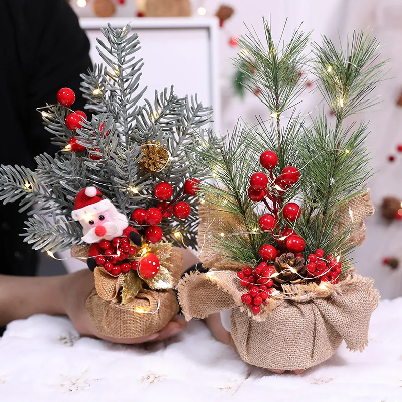 Mini-Weihnachtsbaum mit Sackleinen-Taschensockel, DIY handgefertigte rote Beeren, künstlicher Weihnachtsbaum, Tischdekoration