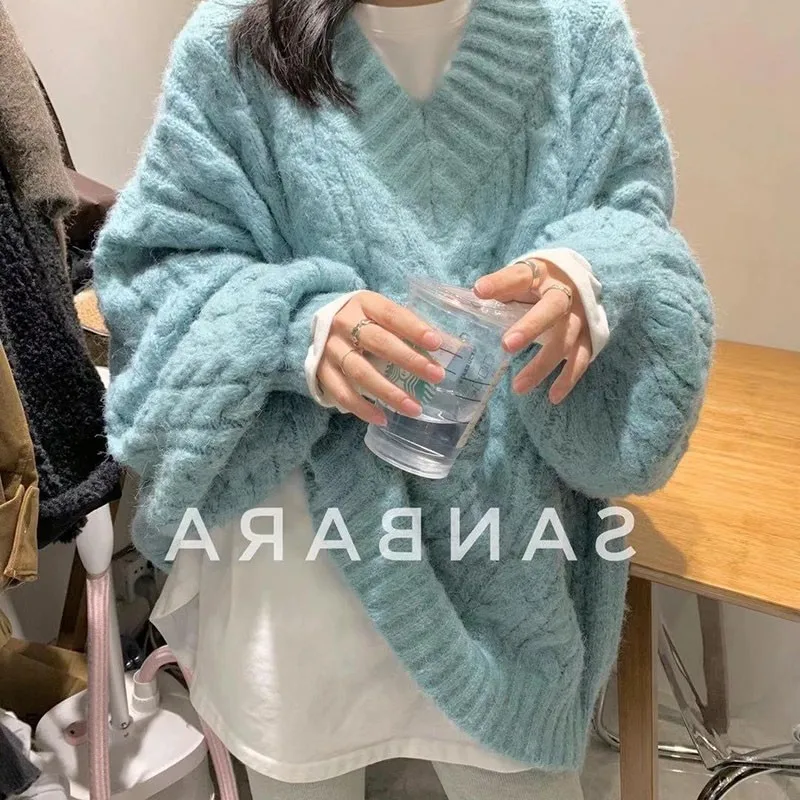 

2022 New Arrival Autumn Winter Korean Style Women Long Sleeve V-neck Pullover All-matched Polyester Warm Vintage Sweater P679