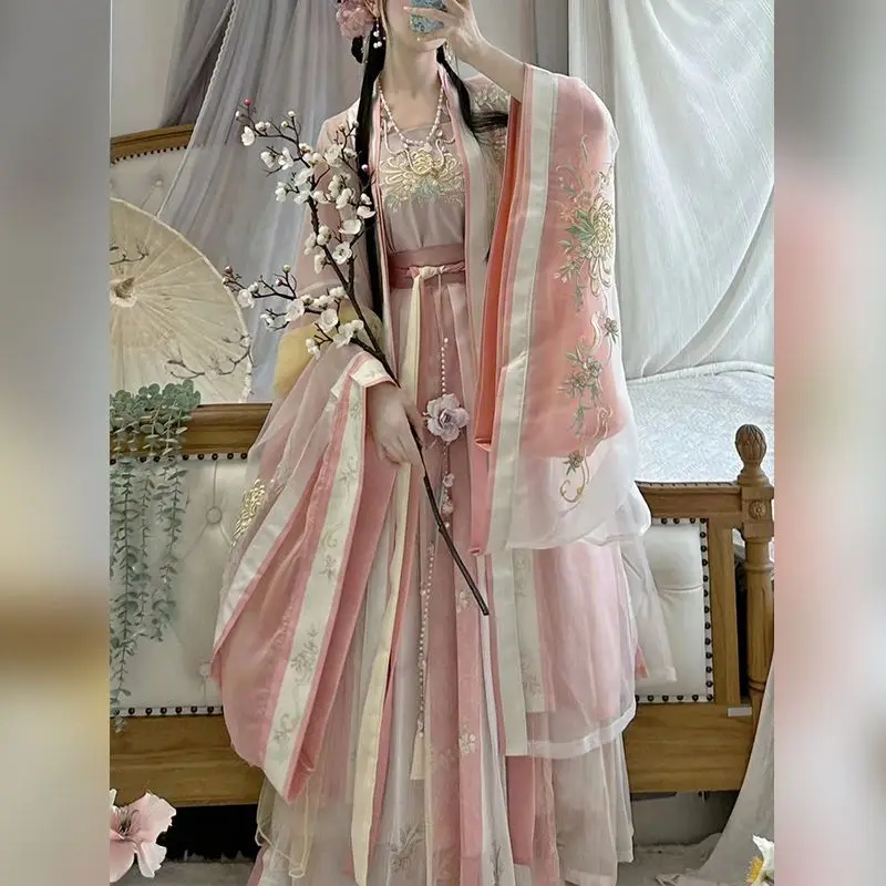 Vestido feminino bordado tradicional chinês para dança, hanfu rosa feminino, fantasia de fantasia de cosplay de fadas Hanfu Song Dynasty, 2023