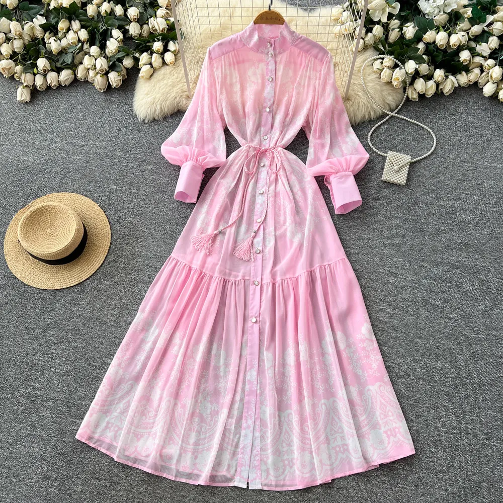 

Bohemian Floral Print Chiffon Dress Women Stand Lantern Sleeve Single-Breasted Lace Up Long Dress Boho Style Casual Party Robe