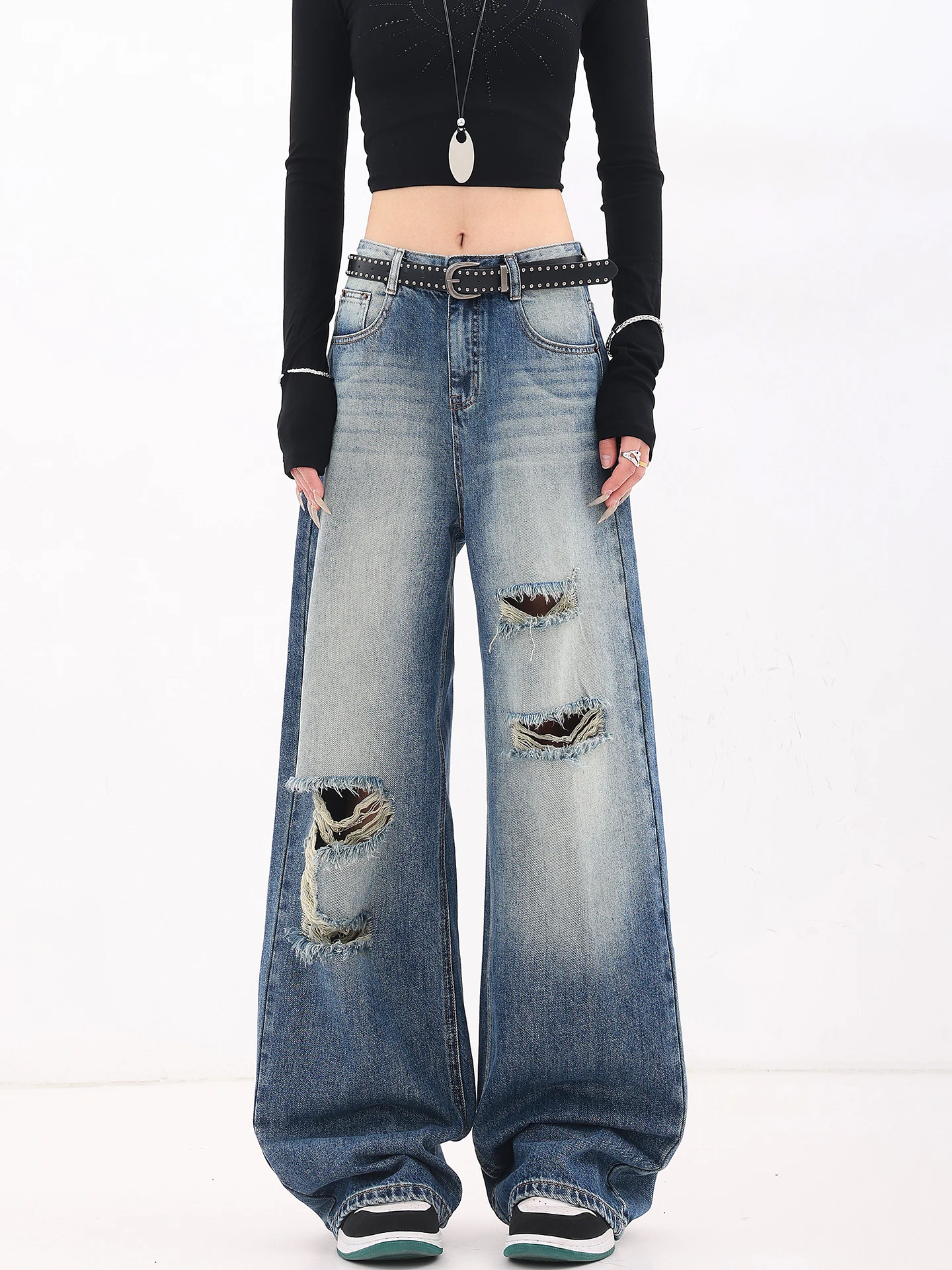 

Retro American Kenh Early Spring Fringed Wide Leg Jeans Women's Draped Loose Floor-Length Pants Straight Cut Denim