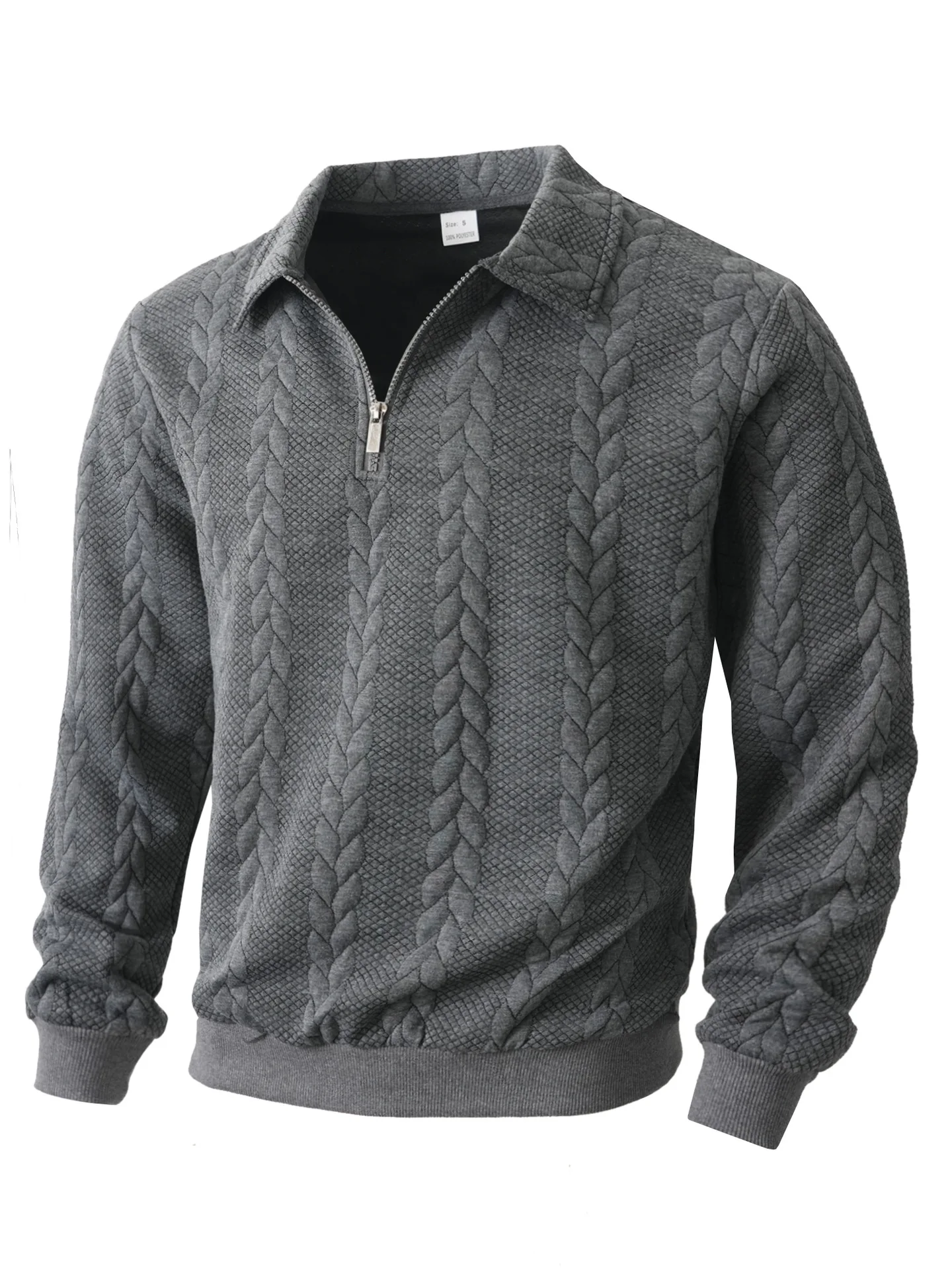 Mens Lapel Half Zip Sweatshirt Long Sleeve Cable Textured Pullover Relaxed Fit Tops For Daily Casual Autumn And Winter Dressing