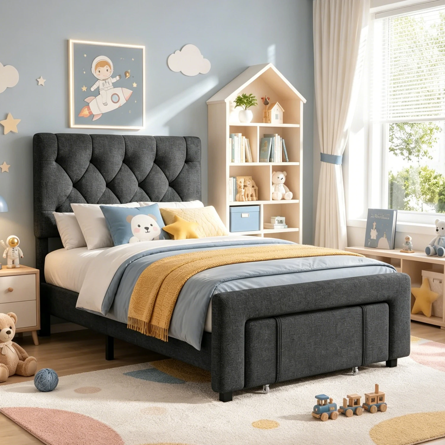 Twin Size Platform Bed Frame With Storage Drawers, Upholstered Headboard, Solid Wooden Slats, Noise Free, No Box Spring