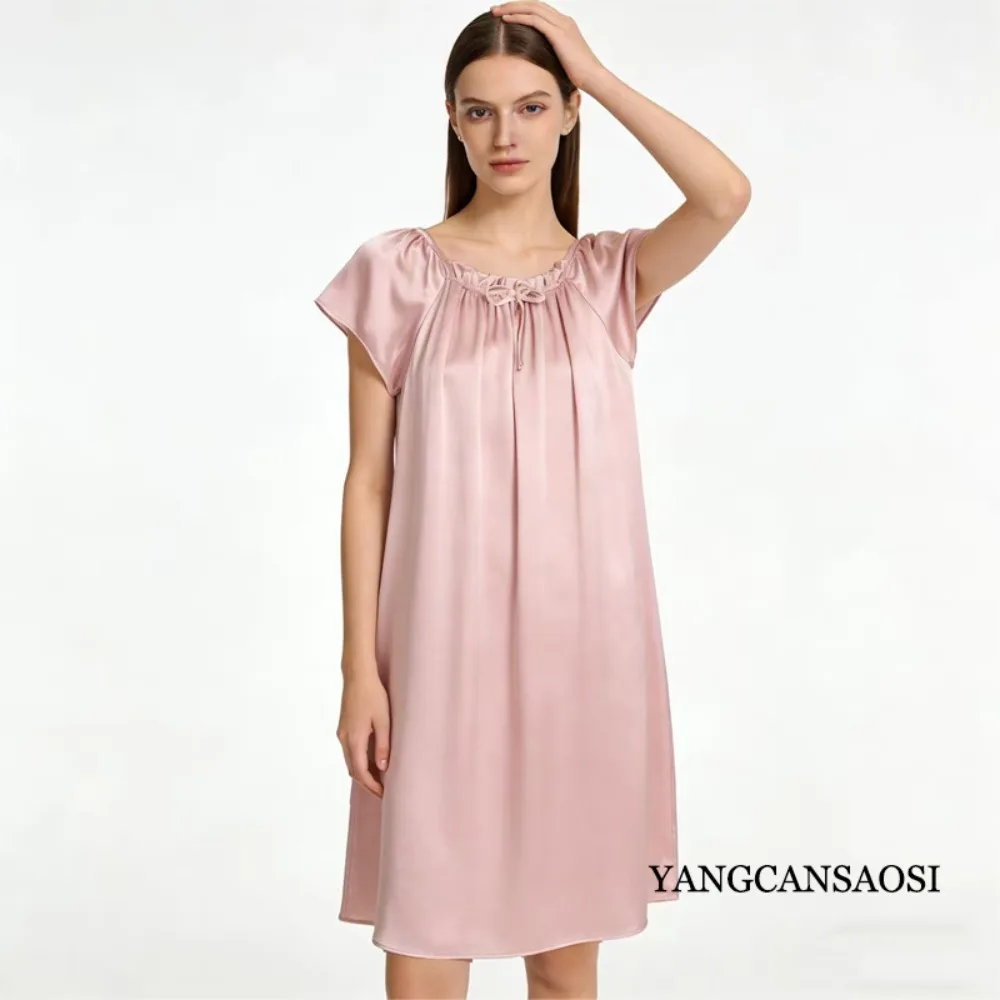 Women's Summer Casual Clothing 100% Natural Mulberry Silk Plain Satin Loose Short Sleeved Solid Color Princess Nightdress