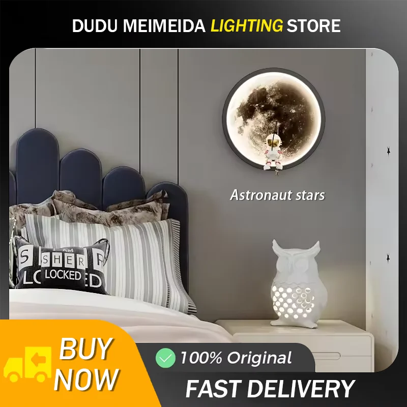 

Kids Bedroom Sleeping Night Lights Corridor Hallway Home Decoration Sconce Cartoon Spaceman Astronaut Moon Round Led Wall Lamp