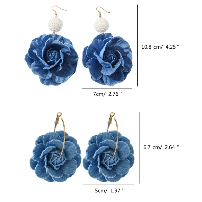 Brincos florais artesanais de camélia para mulheres, flor azul, jeans elegantes, moda drop, ornamento de joias